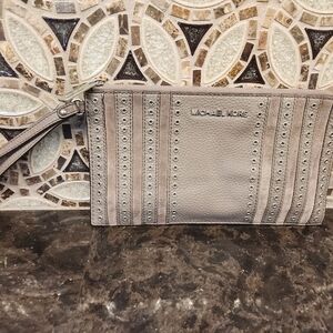 Michael Kors Taupe Eyelet-Trim Leather Wristlet